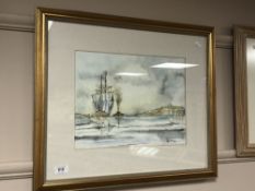 Colin McCabe : Tall ship in a river estuary, watercolour,