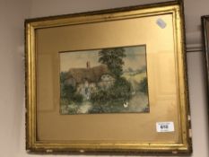 20th century school : A figure by a thatched cottage, watercolour,