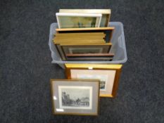 A box containing a quantity of assorted framed pictures and prints including black and white