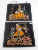 A pair of vintage foil pictures on glass,