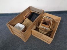 Two 20th century pine crates together with a small quantity of wicker baskets,