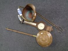 A copper and brass porcelain handled coal bucket together with a fire poker and toasting fork,
