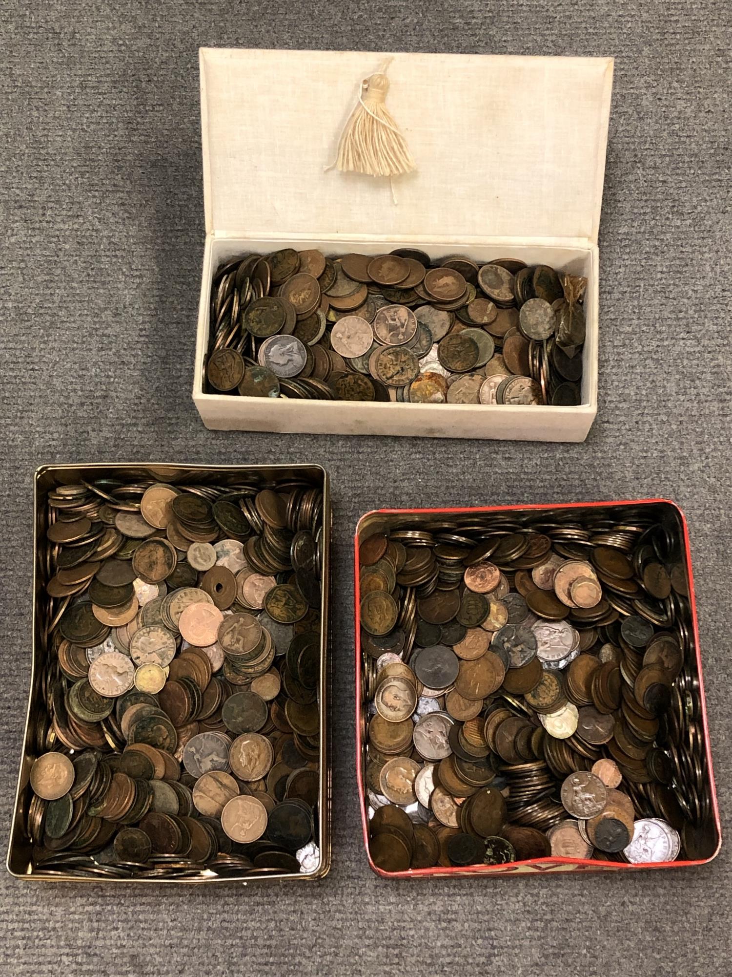 Two tins and a box of Charles II and later bronze and copper coins, Georgian and Victorian examples,