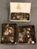 Two tins and a box of Charles II and later bronze and copper coins, Georgian and Victorian examples,