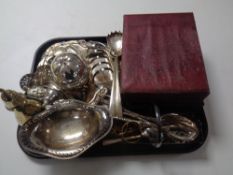 A tray containing 20th century plated wares, cased cutlery,