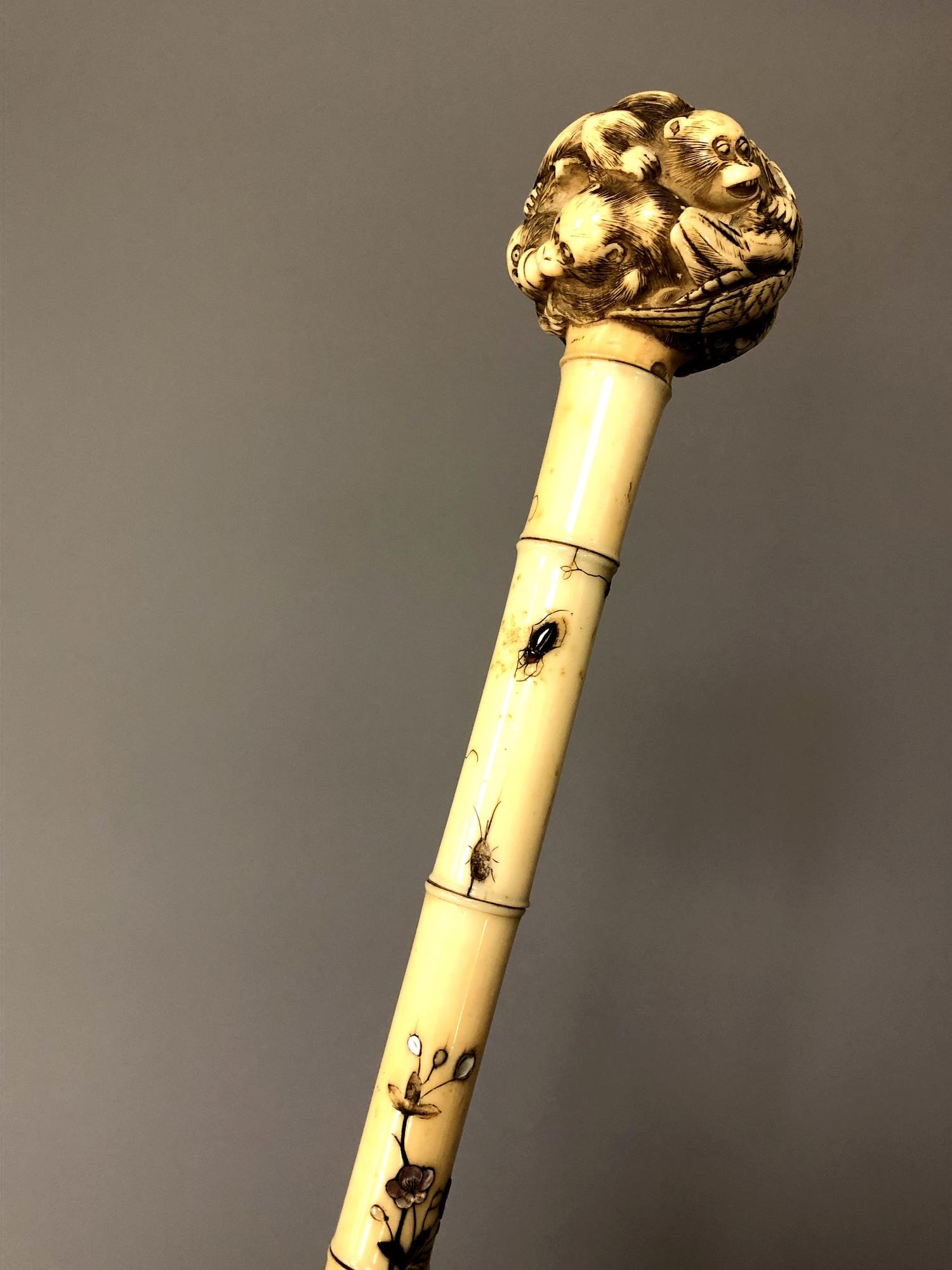 A late 19th century parasol with ivory inlaid stem decorated with vines and beetles, - Image 3 of 5