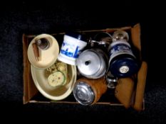 A box containing miscellaneous to include an Edwardian oak biscuit barrel, vintage enamelled scales,