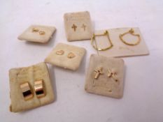 Six pairs of gold plated earrings, studs, hearts,