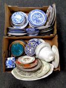 Two boxes containing 19th century and later meat plates, dinner plates, willow patterned tea ware,