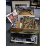 A box containing assorted pictures and prints, unframed tapestry,