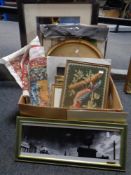 A box containing assorted pictures and prints, unframed tapestry,