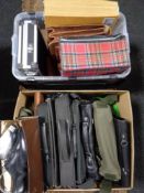 A box and a crate containing a quantity of assorted briefcases, laptop bags, business bags,