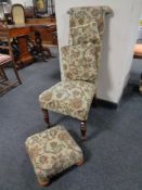 A 19th century nursing chair reupholstered in a floral fabric with two cushions,