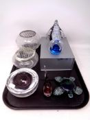 A tray containing assorted glassware to include glass animal paperweights, glass shallow bowl,