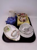 A tray containing assorted ceramics to include Wedgwood Beatrix Potter china, Masons Mandalay vase,