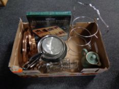 A box containing Denby teapot, boxed backgammon set, metal cake stand,