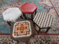 Four assorted hexagonal beech wood footstools