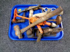 A tray containing Whitmore woodworking plane and other hand tools