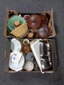 Two boxes containing antique and later kitchen ware to include stoneware pots, mixing bowls,