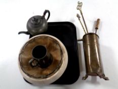 A tray containing antique brass companion set containing companion pieces, a Viner's pewter tankard,