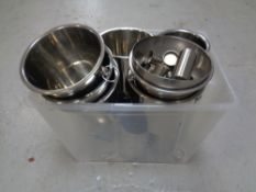 A box containing a quantity of stainless steel champagne buckets and shot glasses