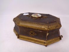 A 19th century octagonal gilt jewellery box with hand-painted porcelain panel inset top,