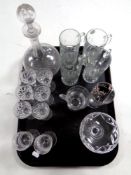 A tray containing antique and later glassware to include liqueur decanter and glasses,