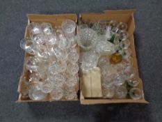 Two boxes containing a large quantity of 20th century glassware to include drinking glasses,