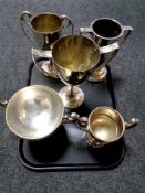 A tray containing five silver plated presentation trophies