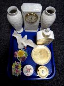 A tray containing assorted ceramics to include a three piece Wedgwood Classic Garden clock and vase