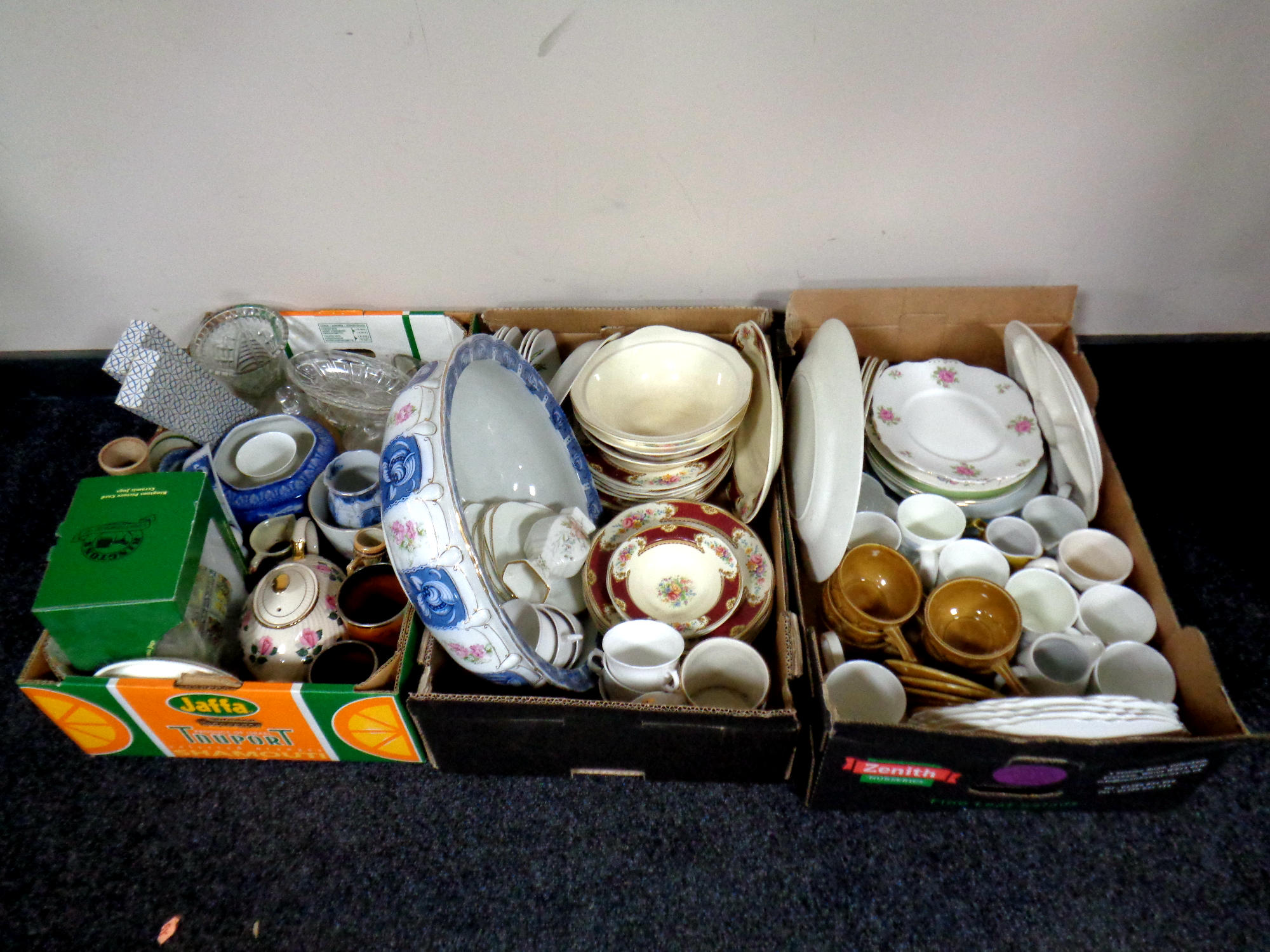 Three boxes containing miscellaneous glassware and ceramics to include antique and later dinnerware,