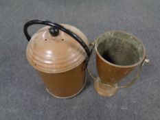 An antique copper swing handled receiver together with a further copper lidded bucket