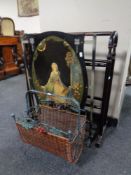 An Edwardian metal fire screen with hand painted wooden panel together with a towel rail and a