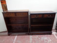 Two sets of Regency style inlaid mahogany open bookshelves fitted two drawers