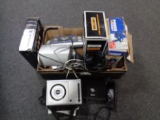 Two boxes containing miscellaneous electricals to include Bush micro CD player,