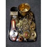 A tray containing a large quantity of antique and later metal wares to include copper and brass