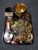 A tray containing a large quantity of antique and later metal wares to include copper and brass