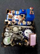 Two boxes containing boxed teddy bear ornaments, a Denby coffee service, vintage mincer,