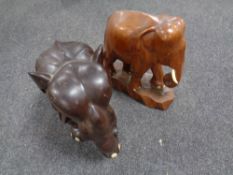 Two large carved tourist hardwood elephants