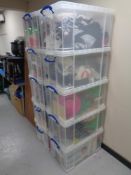 Ten storage boxes with lids containing fancy dress clothing