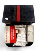 A tray containing a quantity of vintage medical supplies to include British Red Cross tin,