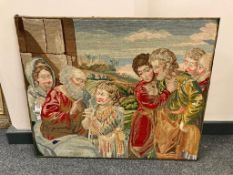 A nineteenth century tapestry depicting figures with a child, 81 cm x 56 cm.