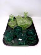 A tray containing 20th century coloured glassware to include a seven piece Art Deco green glass