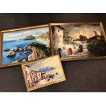 Three Spanish oil paintings on canvas by G Munar, coastal scene etc.