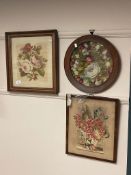 Three nineteenth century needlework embroideries depicting roses and flowers, framed.