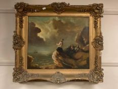 Nineteenth century school : The look out, figures on a rock, oil on canvas, 47 cm x 40 cm, framed.