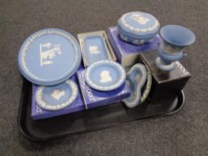 A tray containing nine pieces of Wedgwood Jasperware (five boxed)