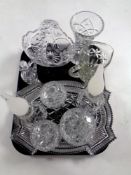 A tray of 20th century cut glass including dressing table tray, lidded pots, pair of candlesticks,