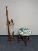 An antique circular sewing stool together with a beechwood bobbin stand