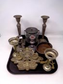 A tray containing antique and later metal wares to include pewter and silver plated candlesticks,